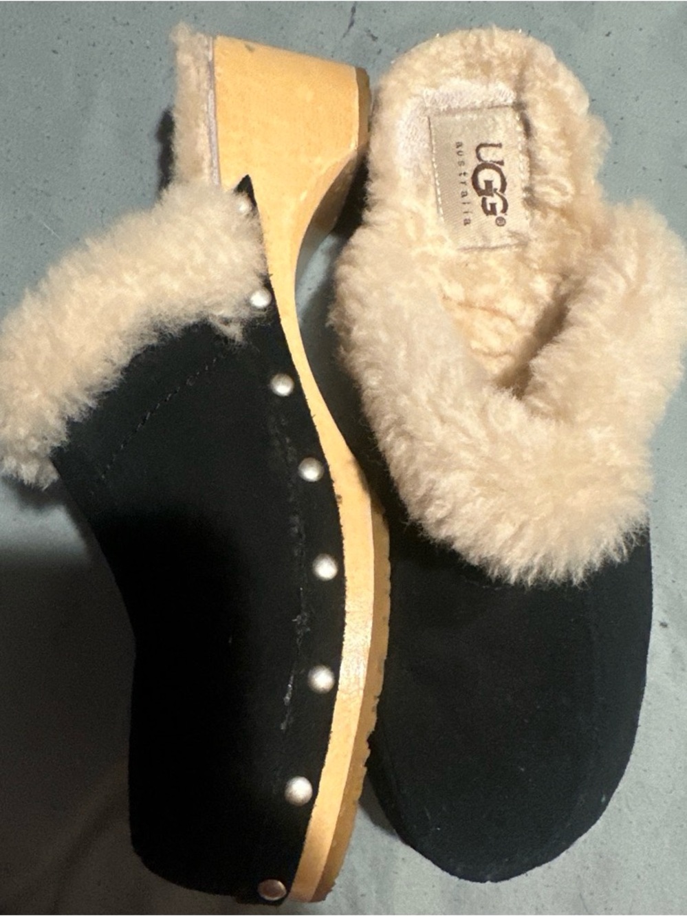 UGG Black Suede Shearling-Trim Clog Mules with Stud Accents